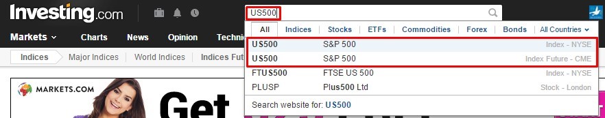 Cách tìm kiếm chỉ số S&P 500 Index và S&P 500 Future Indices trên website: http://www.investing.com/